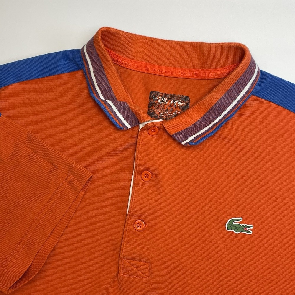 Lacoste Sport Polo Shirt Mens 6 XL Orange Pique Cotton Croc Golf Colorblock